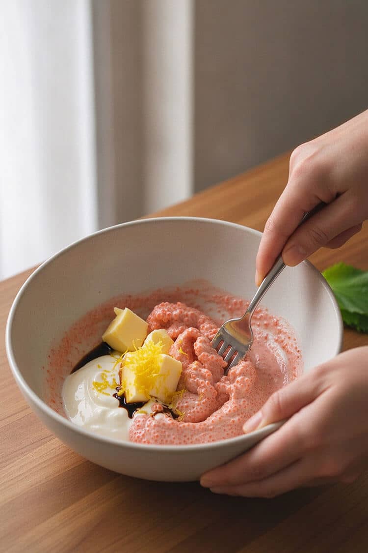 A metal fork mashing pink mentaiko cod roe, softened butter cubes, heavy cream, dark soy sauce, and fresh yellow lemon zest together in a large ceramic mixing bowl