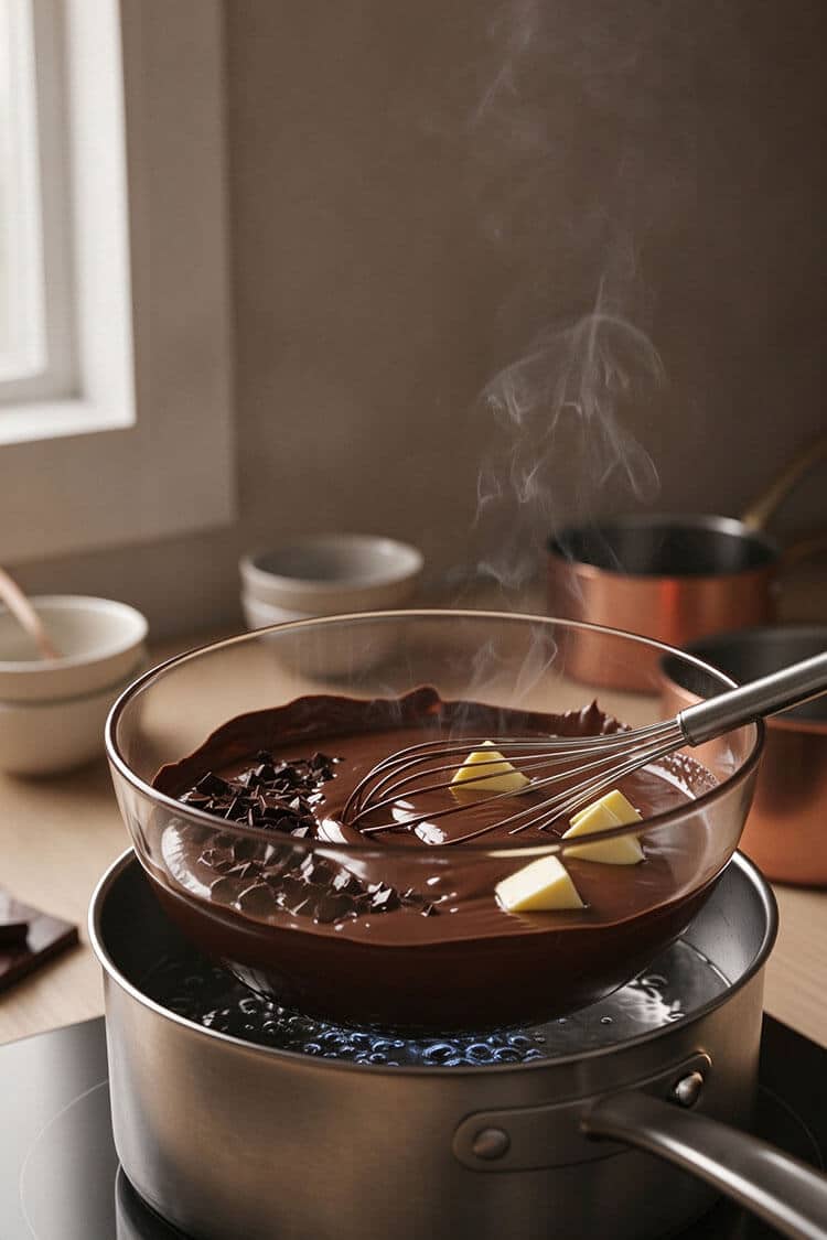 Whisking chopped dark chocolate pieces and cubed butter cubes melting together into a glossy sauce inside a glass bowl set over a gentle water bath