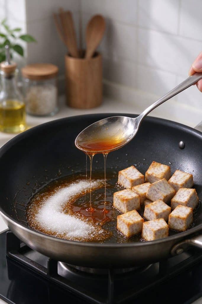 Spooning melted amber caramel syrup pulling thin sugar threads over fried taro cubes in a nonstick pan.