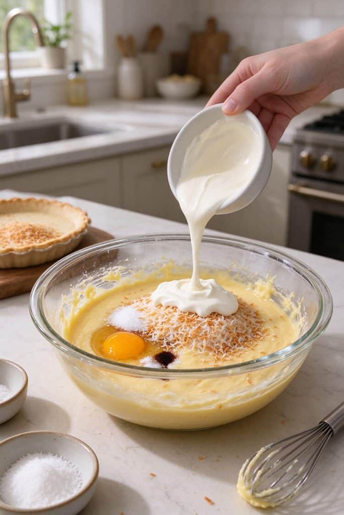 Pouring coconut cream into a glass bowl with toasted desiccated coconut, egg, and sugar beside a wire whisk.