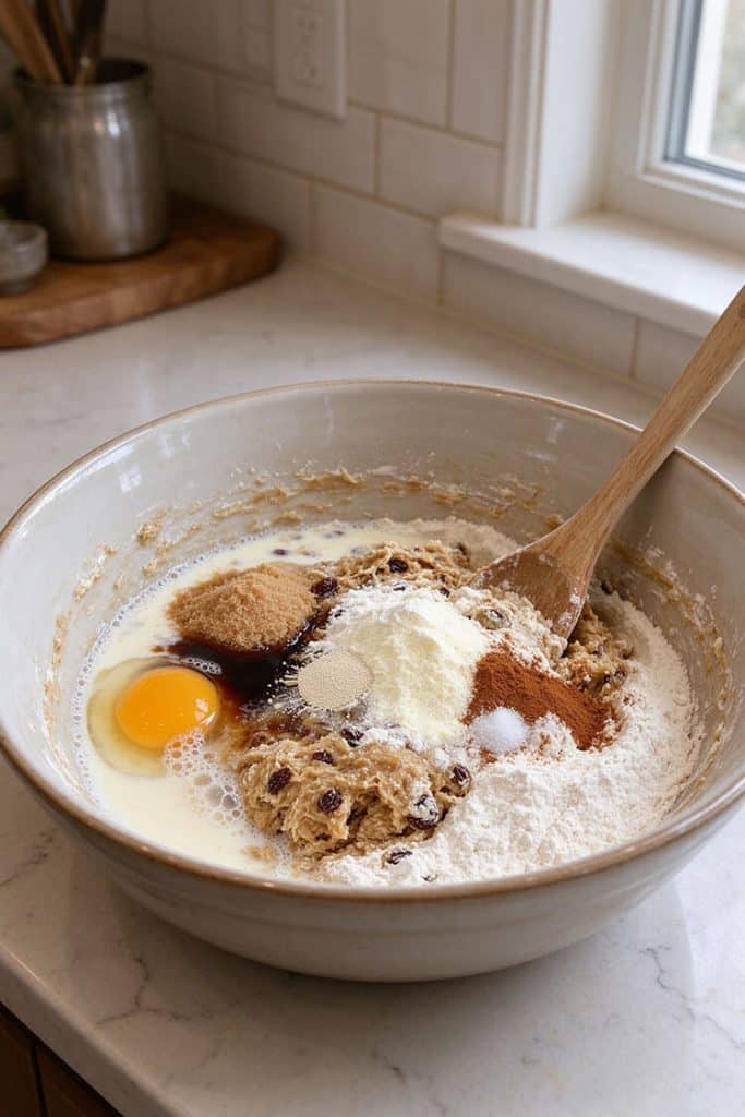 Mixing bread flour, barley malt syrup, brown sugar, egg, milk, yeast, and cinnamon in a large ceramic mixing bowl with a wooden spoon.