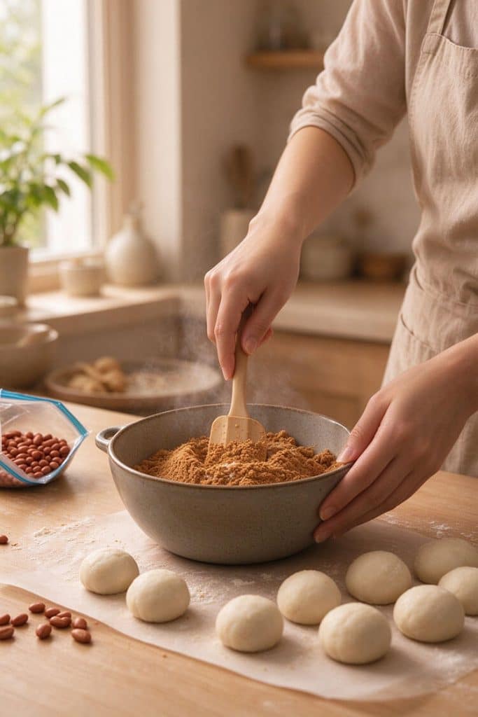 Mixing roasted peanut powder with butter and sugar using a small spatula in a ceramic bowl beside portioned dough balls.