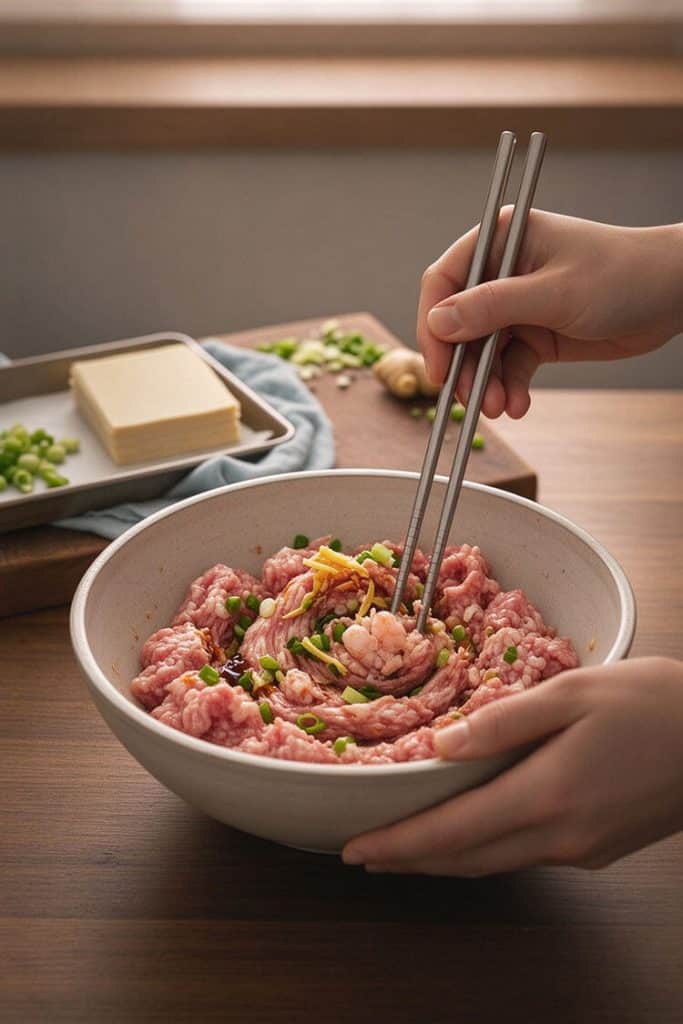 Stirring ground pork, shrimp, green onions, and ginger in one direction with chopsticks in a ceramic bowl.
