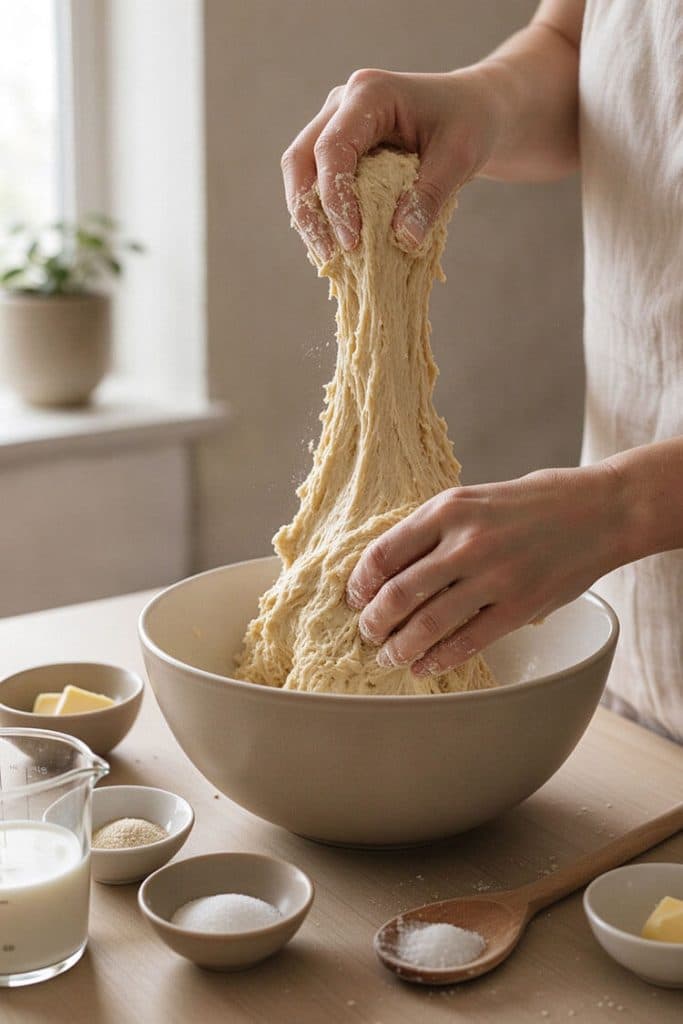 Hands kneading tacky shaggy dough inside a mixing bowl surrounded by baking ingredients.
