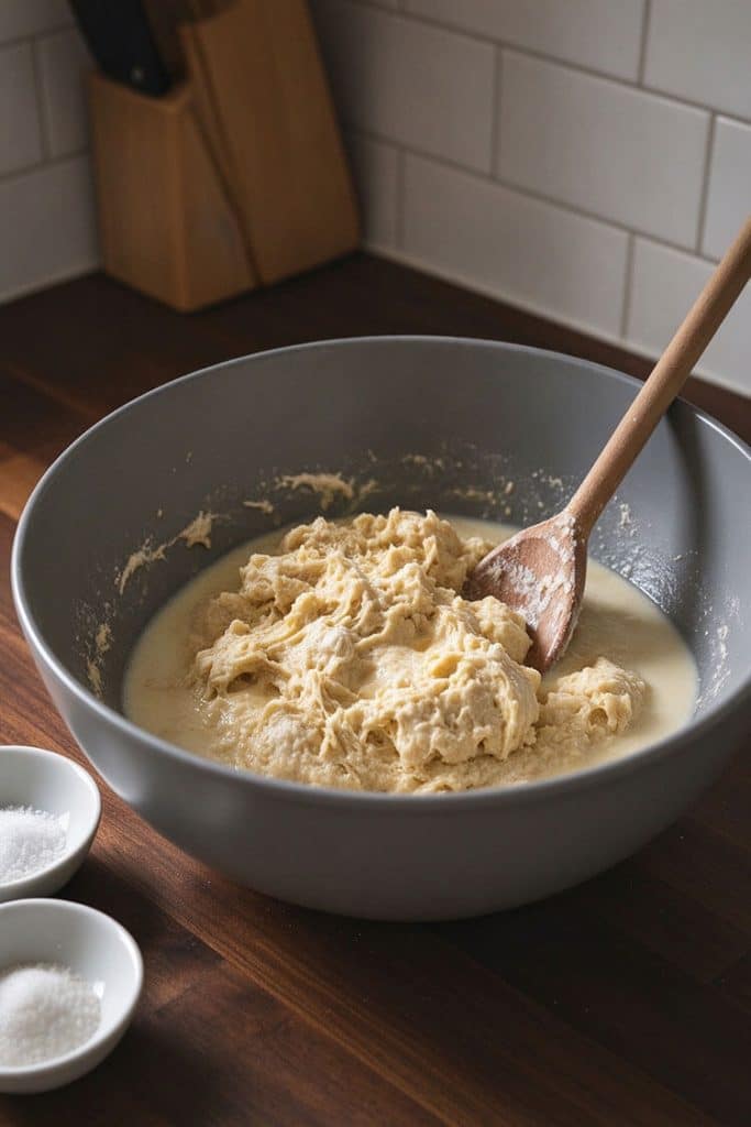 Stirring flour, milk, egg, and yeast into a shaggy dough with a wooden spoon in a grey ceramic bowl.