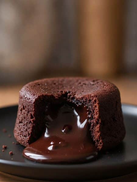 Macro close-up of an inverted molten chocolate lava cake sliced open on a black ceramic plate with a thick, glossy pool of dark chocolate flowing out