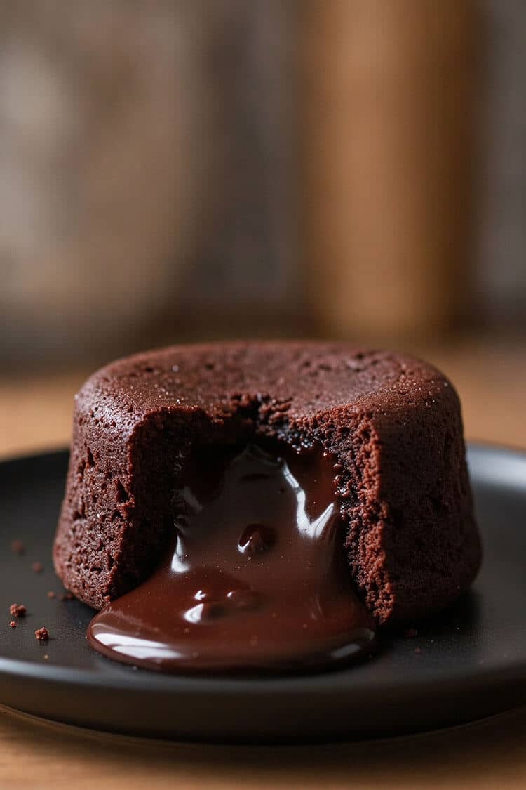 Macro close-up of an inverted molten chocolate lava cake sliced open on a black ceramic plate with a thick, glossy pool of dark chocolate flowing out