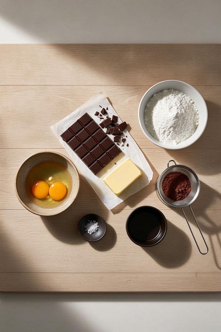 Overhead flatlay view of 70% dark chocolate bar pieces on parchment, unsalted butter block, whole eggs and extra yolks in a bowl, powdered sugar, cocoa powder in a fine mesh sieve, and fine sea salt on a wooden board