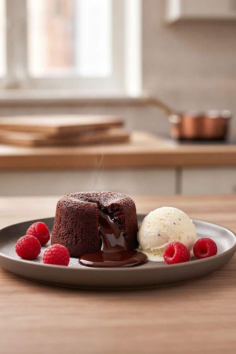 A warm chocolate molten lava cake with liquid center flowing onto a plate, served with a scoop of vanilla bean ice cream and fresh red raspberries in a sunlit kitchen