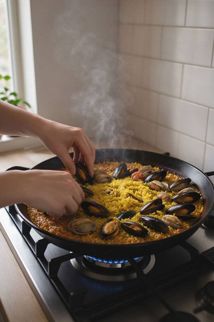 Hands pressing fresh black mussels hinge-side down into a wide pan of steaming saffron-yellow rice cooking on a stovetop