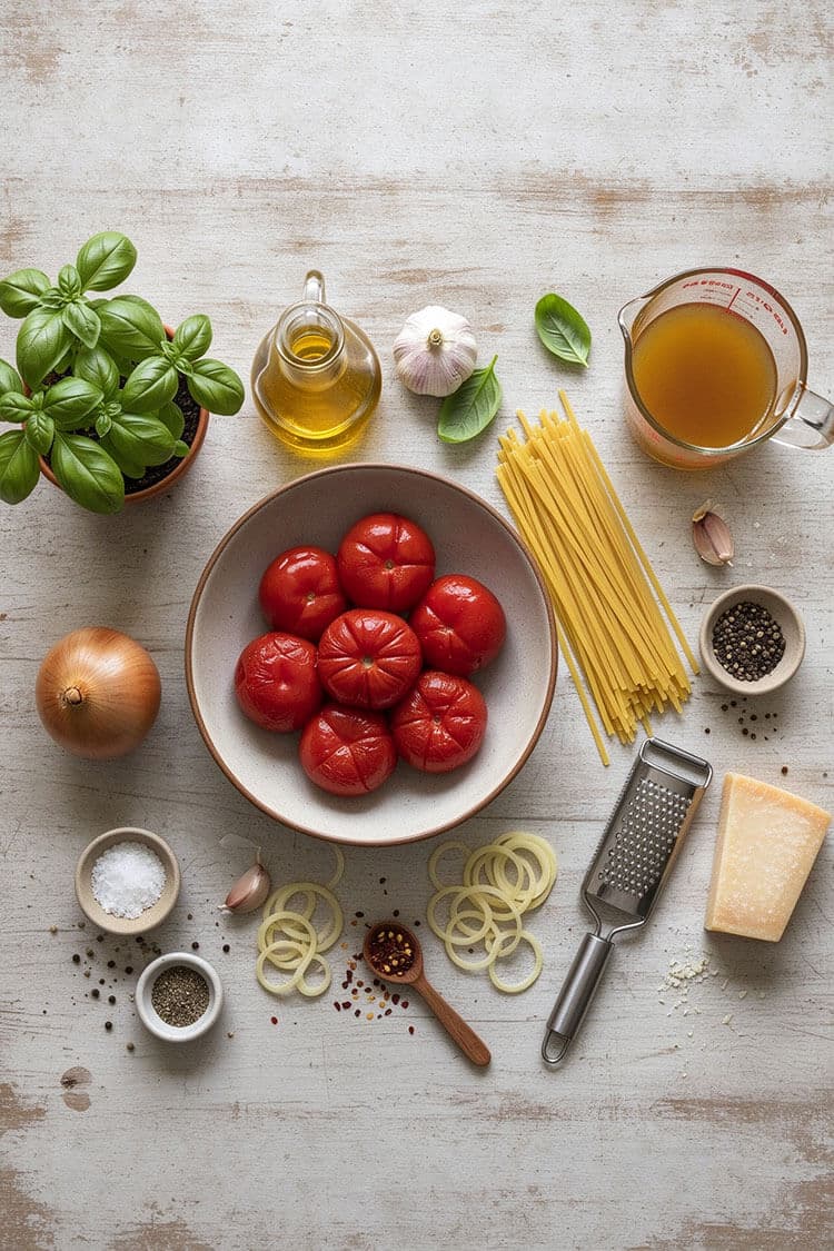 Overhead flatlay view of whole canned San Marzano tomatoes in a bowl, dry spaghetti, extra virgin olive oil, sliced onion rings, garlic bulb, broth measuring cup, fresh basil plant, chili flakes, sea salt, black peppercorns, and Parmesan cheese with a grater on a white wood surface