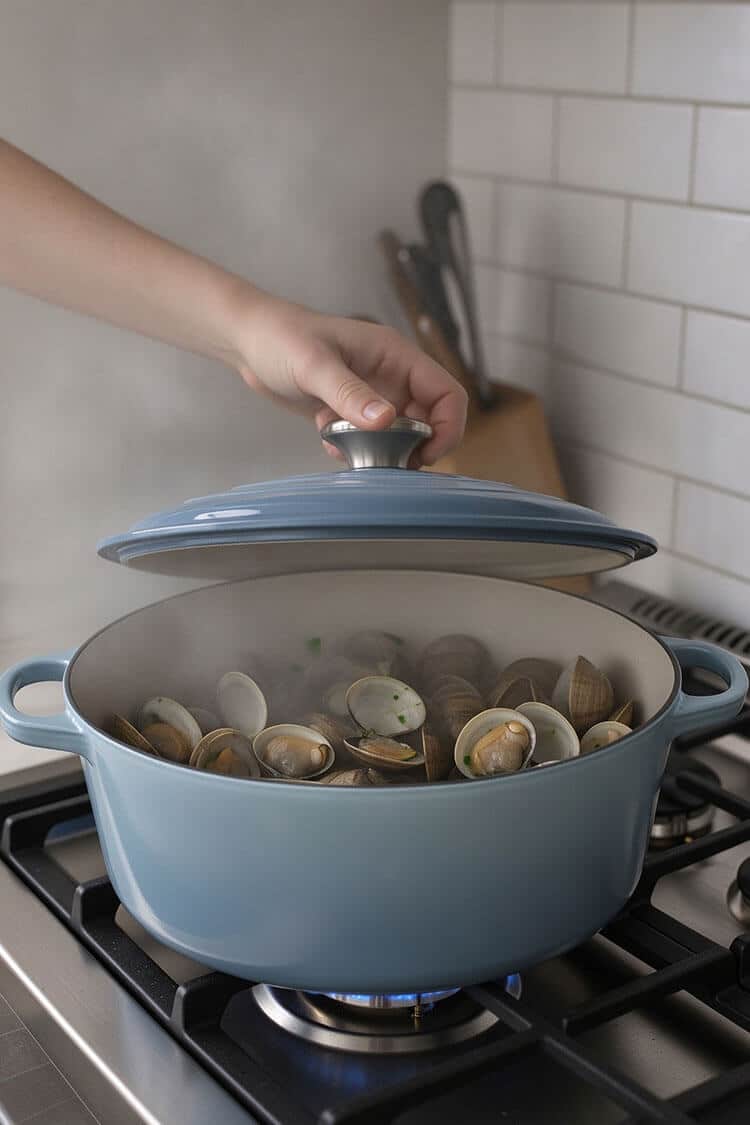 Hand lifting the lid off a blue Dutch oven to reveal fully opened, steaming cooked clams in a fragrant broth on the stovetop