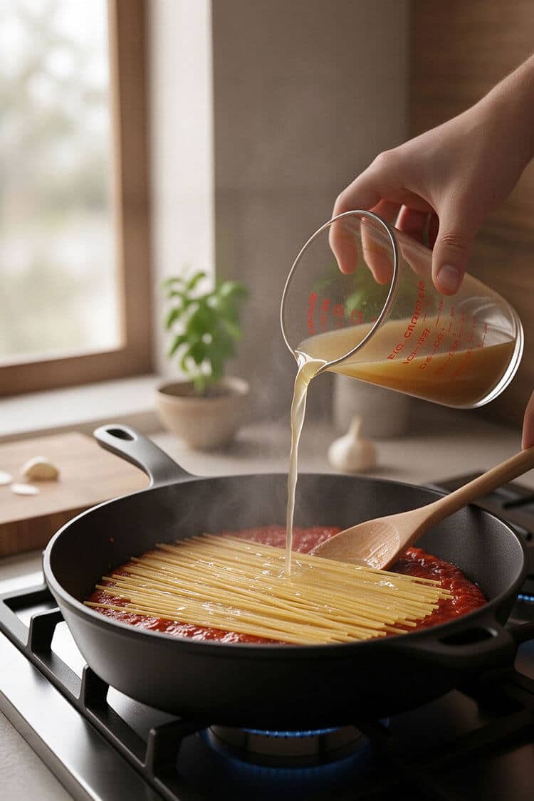 A hand pouring vegetable broth from a glass measuring pitcher over dry uncooked spaghetti laid flat across crushed tomato sauce in a wide skillet on the stove