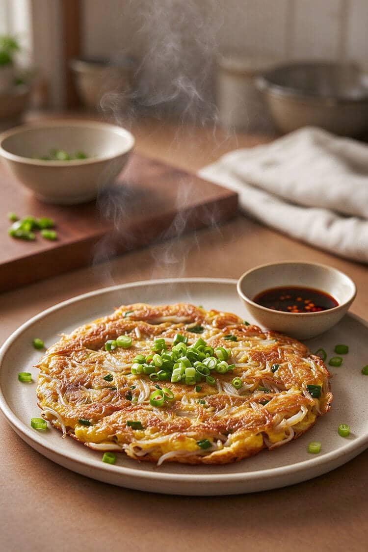 Freshly cooked pan-fried Chinese noodlefish omelet steaming on a ceramic plate topped with sliced green scallions alongside chili soy dipping sauce.