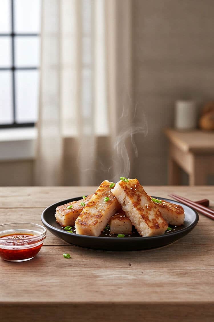 Stack of steaming hot pan-fried turnip cake slices garnished with green scallions and sesame seeds served on a black plate with garlic chili dipping sauce.