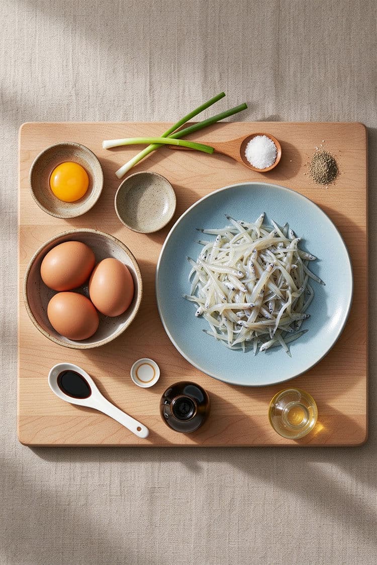 Top-down flat lay of ingredients on a wooden board including fresh noodlefish, farm eggs, scallions, light soy sauce, cooking oil, salt, and white pepper.