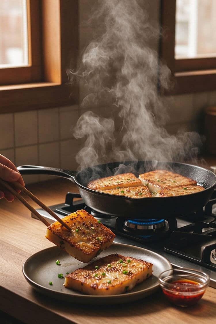 Searing sliced turnip cake pieces in a black cast iron skillet on a gas stovetop until deeply golden and transferring to a plate.