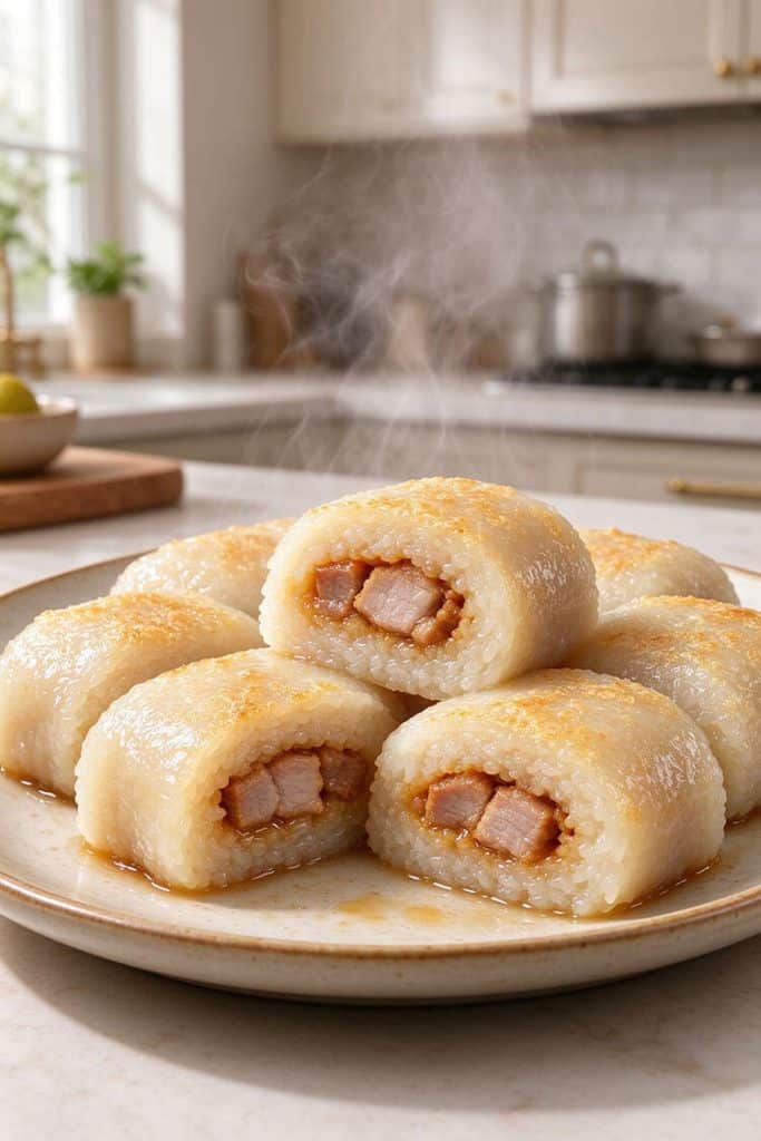 Platter of hot steaming pan-seared sticky rice rolls with a cut roll revealing juicy pork and shiitake mushroom filling on a ceramic plate.
