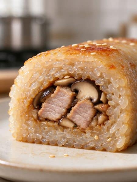 Close-up cross section of a pan-seared sticky rice roll showing the crispy outer layer and juicy pork mushroom center.