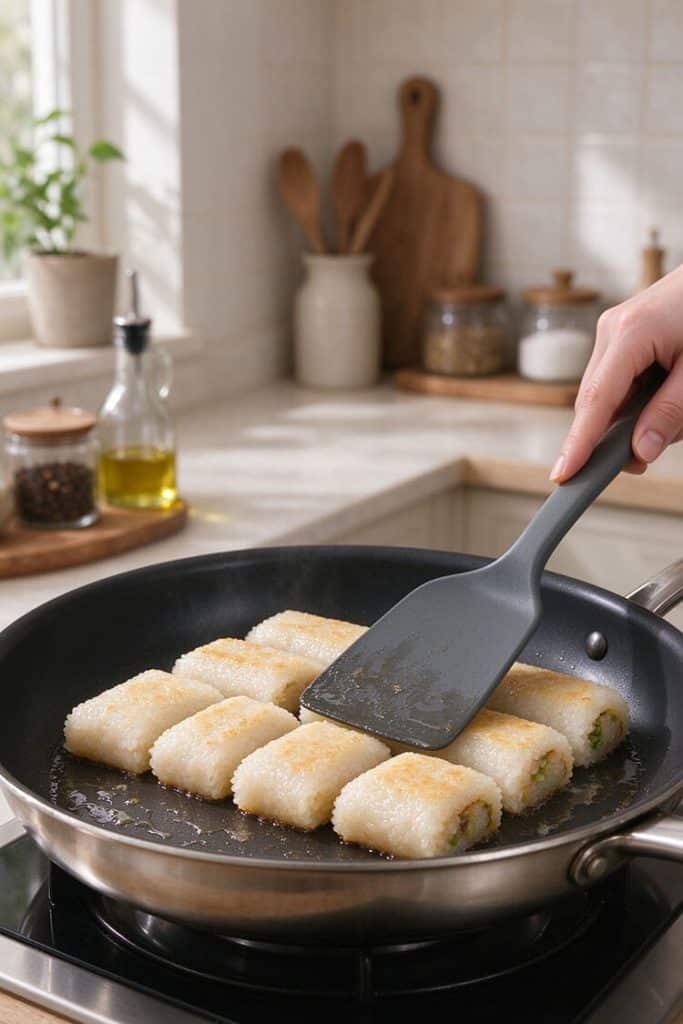 Pressing the rolls gently with a spatula in a hot nonstick skillet until a crispy golden crust forms.