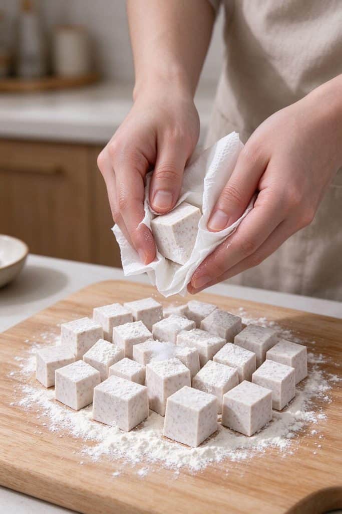 Drying peeled taro cubes with paper towels and dusting evenly with flour on a wooden cutting board.
