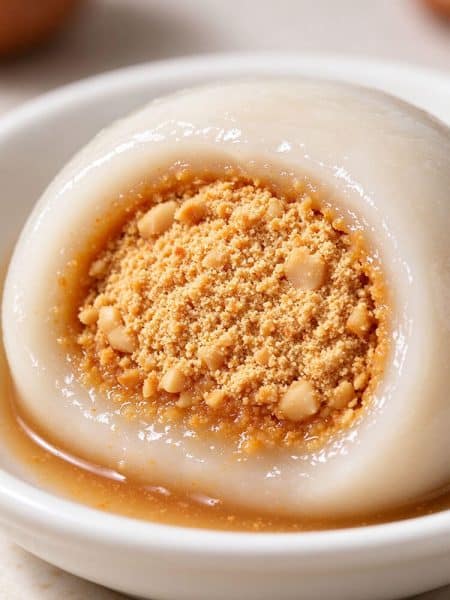 Close up cross section of a chewy peanut tang yuan dumpling showing soft translucent skin and crumbly sweet peanut center.