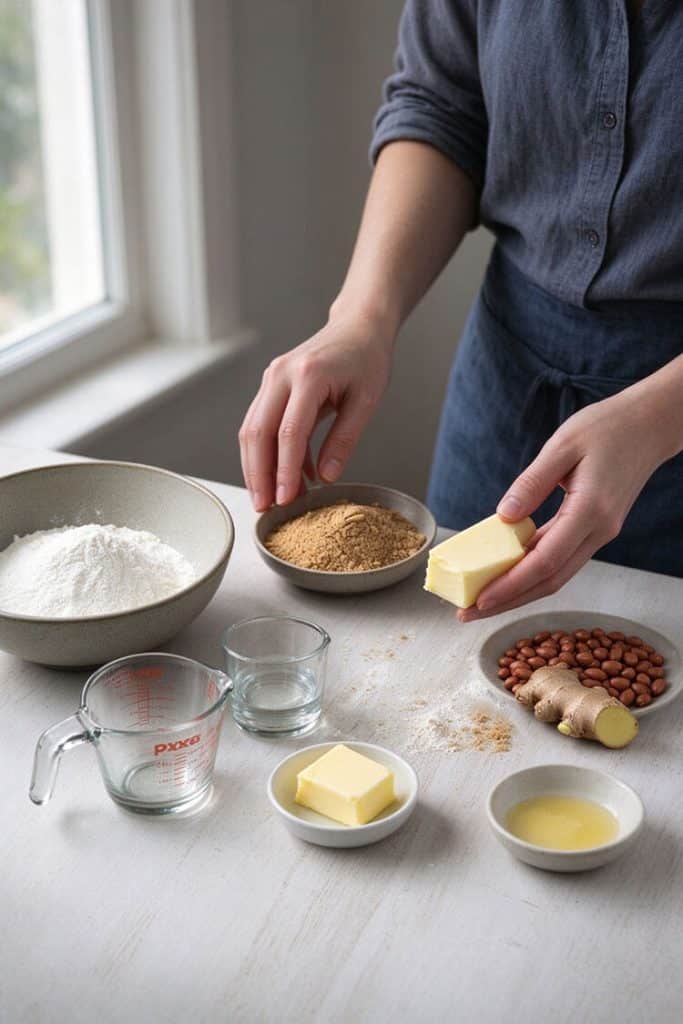 Flat lay of peanut tang yuan ingredients including glutinous rice flour, peanut powder, whole peanuts, fresh ginger, butter, and warm water.