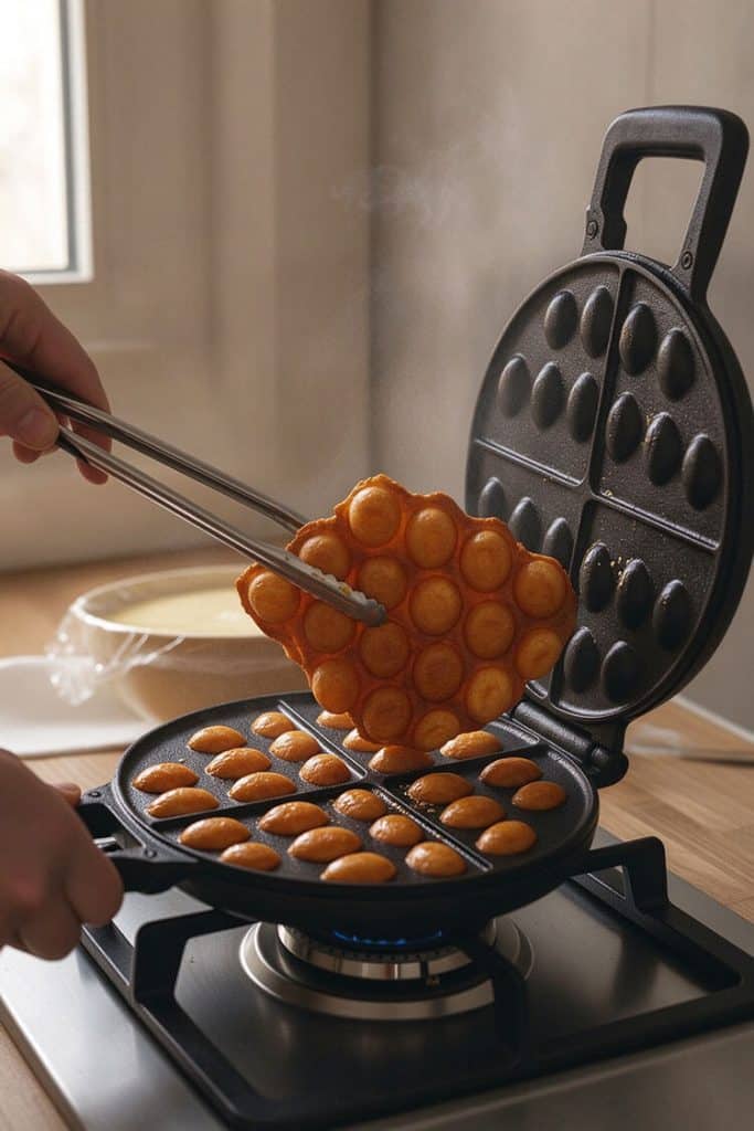 Lifting a freshly cooked golden brown crispy egg waffle from the open bubble iron using kitchen tongs.