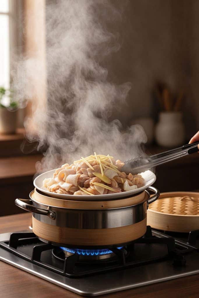Using kitchen tongs to place the heatproof plate of chicken and fish maw into a steaming bamboo basket over boiling water.