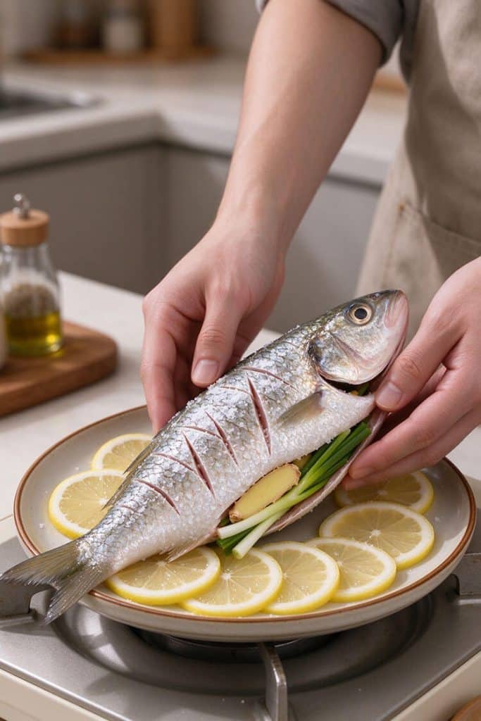 Placing scored whole fish stuffed with ginger and scallions onto a ceramic plate lined with lemon slices.