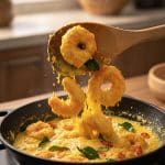 Wooden spoon scooping crispy golden shrimp coated in a rich yellow salted egg yolk foam with curry leaves inside a black wok
