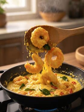 Wooden spoon scooping crispy golden shrimp coated in a rich yellow salted egg yolk foam with curry leaves inside a black wok