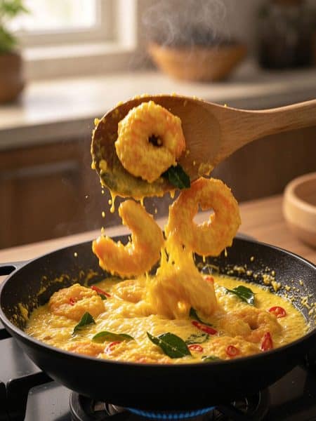 Wooden spoon scooping crispy golden shrimp coated in a rich yellow salted egg yolk foam with curry leaves inside a black wok