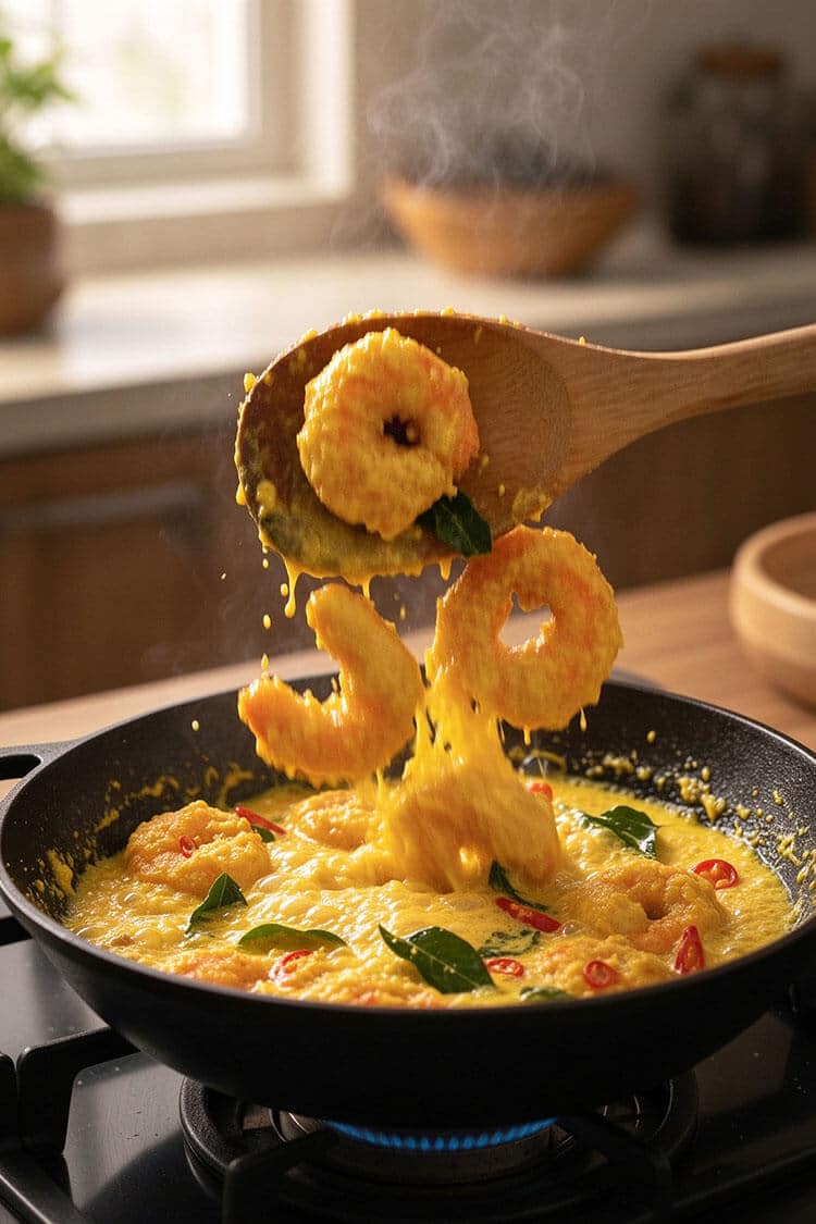 Close-up of a wooden spoon plating steaming crispy prawns coated in rich yellow salted egg sauce over a bowl of rice with curry leaves