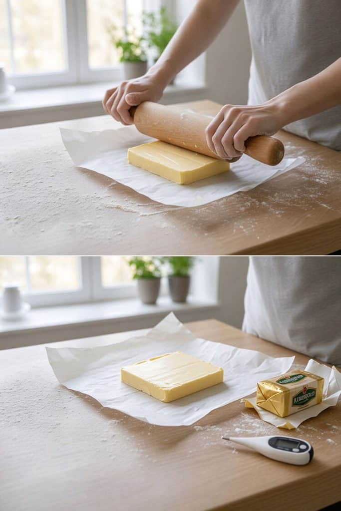 Pounding a cold European butter block between sheets of parchment paper with a wooden rolling pin.