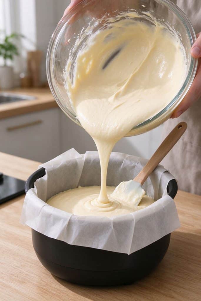 Pouring smooth cake batter from a glass bowl into a black rice cooker pot lined with white parchment paper.