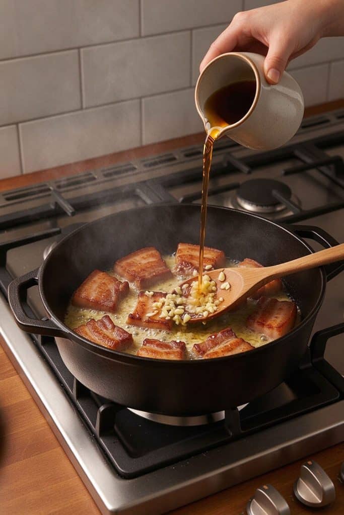 Pouring savory braising liquid from a small ceramic pitcher over seared pork and minced garlic in a cast-iron pan.