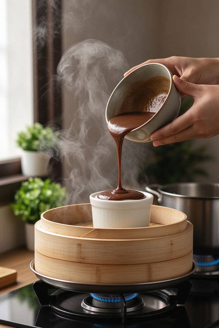 Pouring rich dark brown sugar rice batter from a ceramic bowl into a steaming white ramekin inside a bamboo steamer over a gas flame