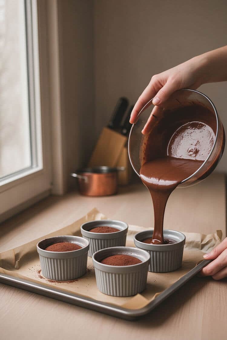 Pouring thick, glossy dark chocolate batter from a glass bowl into ceramic ramekins dusted with cocoa powder on a parchment-lined baking sheet