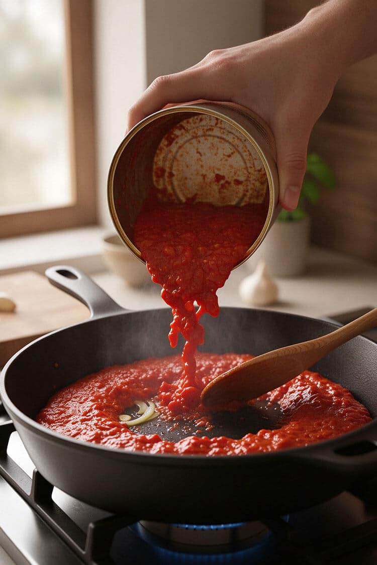 A hand pouring hand-crushed whole San Marzano canned tomatoes into a hot skillet with sautéed onions and garlic, stirring with a wooden spoon