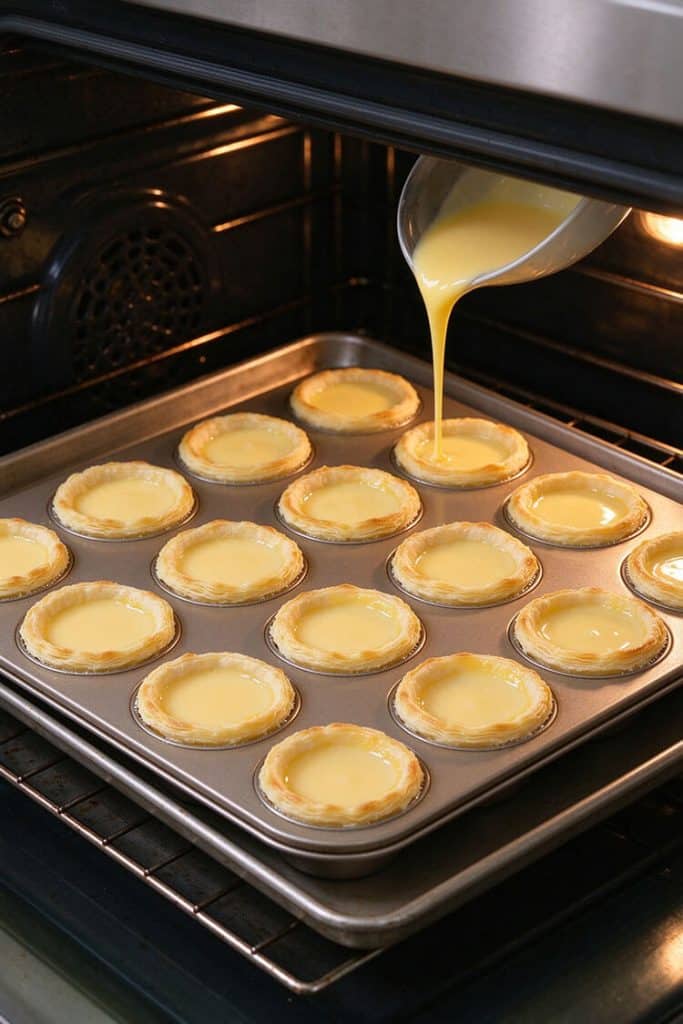 Pouring smooth yellow egg custard from a ceramic bowl into unbaked puff pastry shells lined in a muffin tin.