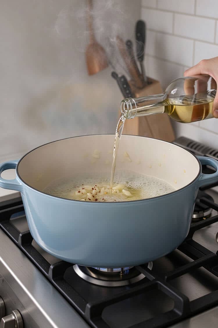 Hand pouring crisp dry white wine from a glass bottle into a simmering garlic and shallot mixture inside a blue pot on the stovetop