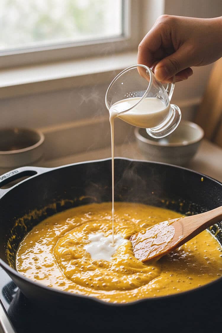 Hand pouring creamy evaporated milk from a clear glass pitcher into bubbling yellow salted egg sauce in a black skillet on the stove