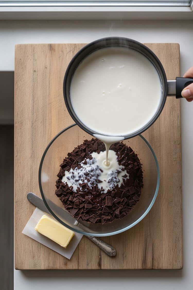 Pouring hot steaming cream from a small black pot over a glass bowl filled with finely chopped dark chocolate pieces on a wooden board
