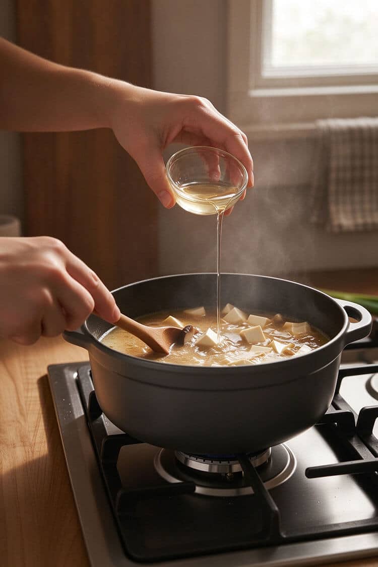 A hand pouring clear rice vinegar from a small glass bowl into a steaming pot of hot and sour soup on a gas burner