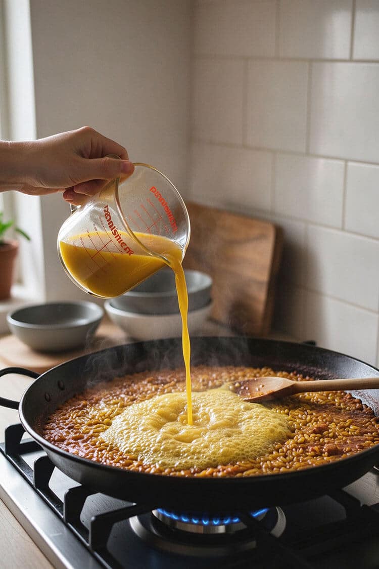 A hand pouring golden saffron-infused seafood stock from a glass measuring pitcher over toasted rice and sofrito in a steaming paella pan