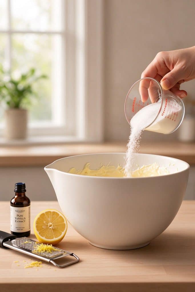Pouring white sugar from a glass measuring cup into whipped cream cheese beside vanilla extract and lemon zest.