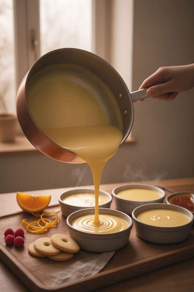 Pouring warm, smooth Crema Catalana custard from a copper saucepan into individual shallow ceramic ramekins on a wooden board.