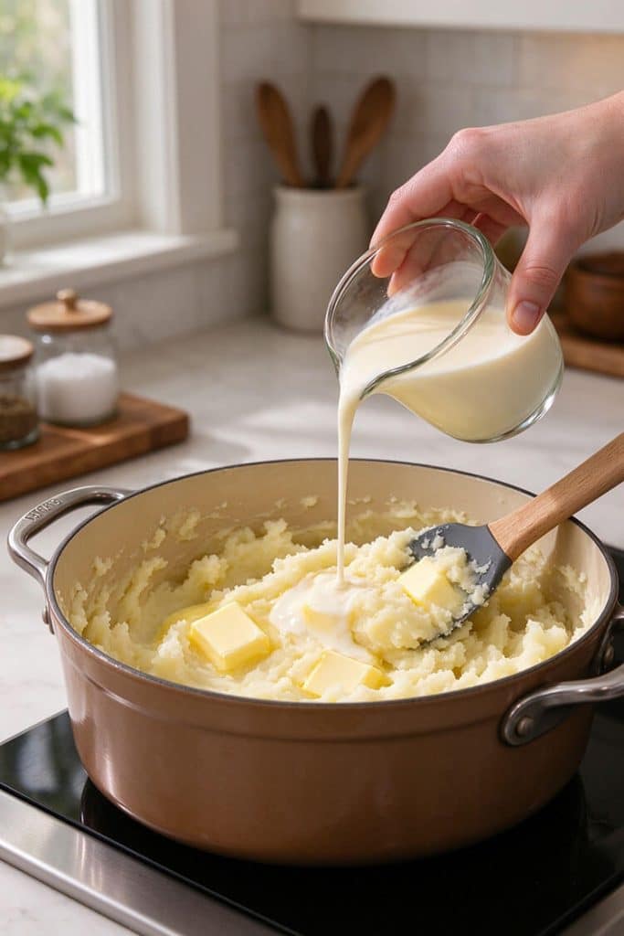 Pouring warm heavy cream from a glass pitcher over mashed potatoes and melting butter cubes in a saucepan.