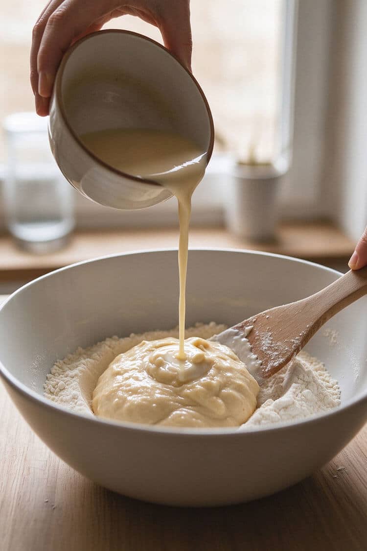 Pouring blended wet ingredients from a small ceramic bowl into the center well of dry flour in a large white bowl with a wooden spatula ready to fold